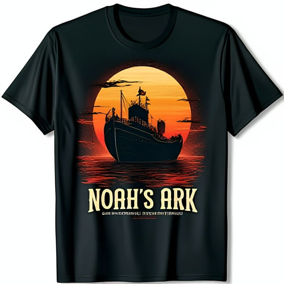 Black T-Shirt with Striking Noah Ark Against Fiery Sunset