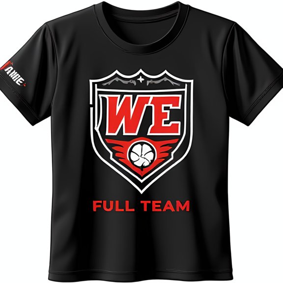 Black T-Shirt with Striking Red and White Design 'WE' Letters Soccer Ball and Wings 'FULL TEAM' Text and on Shoulder