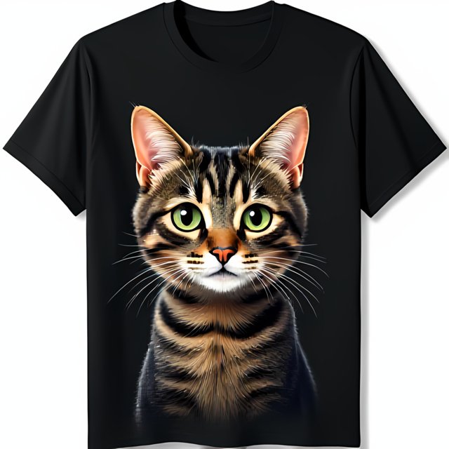 Black TShirt with Striking Tabby Cat Close Up Print Mesmerizing Green