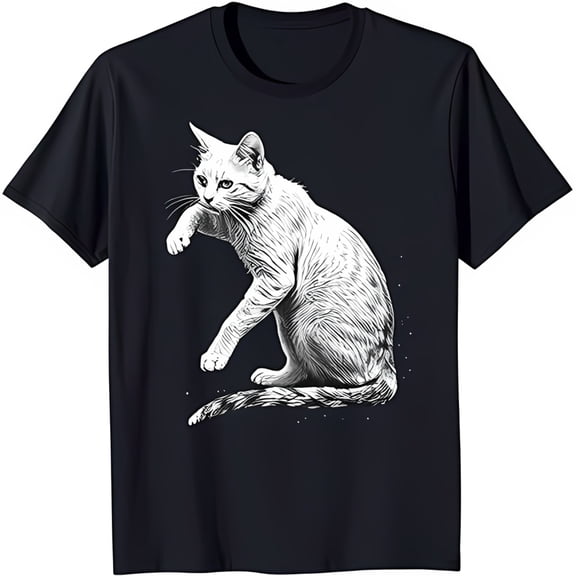 Black T-Shirt with Striking White Cat Graphic Playful Design