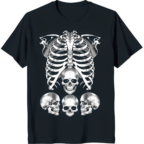 Black T-Shirt with Striking White Skeletal Ribcage and Graphic Design