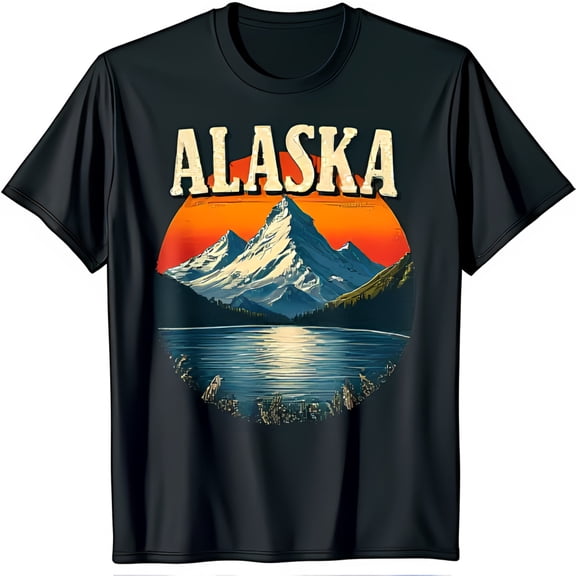 Black T-Shirt with Stunning Alaska Landscape Graphic Mountains Lake & Sunset Design