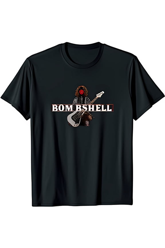 Black T-Shirt with Stunning BOMBSHELL Design Guitarist with Rose Covering Face