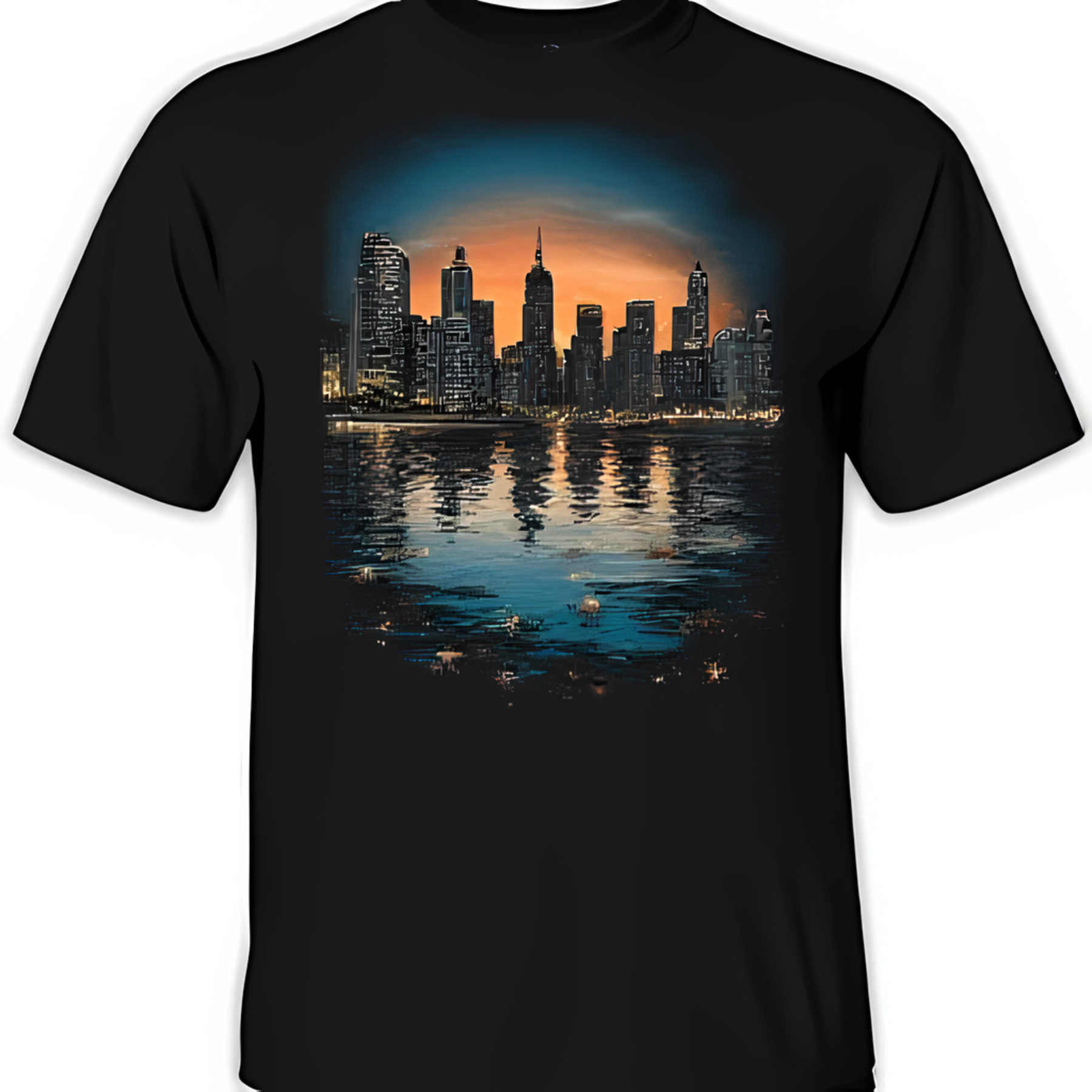 Black TShirt with Stunning City and Sunset Reflection Design Urban
