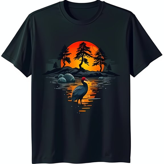 Black T-Shirt with Stunning Crane Lake Sunset Design Trees