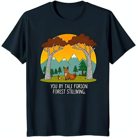 Black T-Shirt with Stunning Forest Sunset Graphic Featuring a Fox