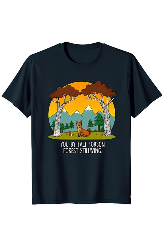 Black T-Shirt with Stunning Forest Sunset Graphic Featuring a Fox