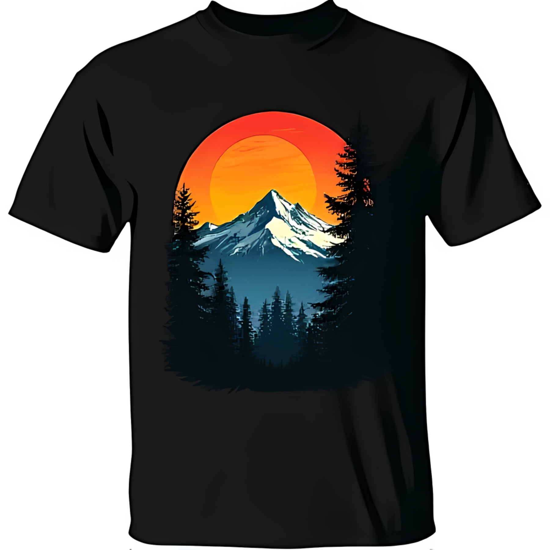 Black TShirt with Stunning Mountain Range and Pine Tree Design Sunset