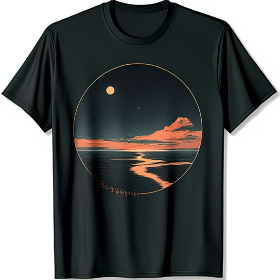 Black T-Shirt with Stunning Nighttime Scene Graphic: Moon Stars & River Design