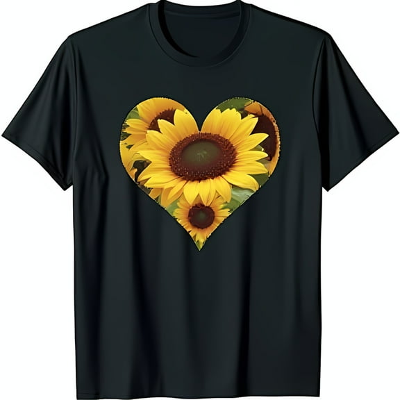Black T-Shirt with Stunning Sunflower Heart Design Vibrant Floral Graphic Tee