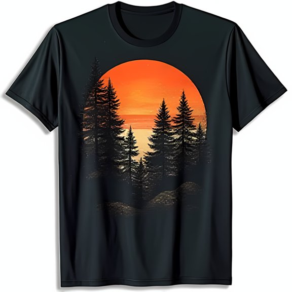 Black T-Shirt with Stunning Tree Graphic and Warm Sunset Design