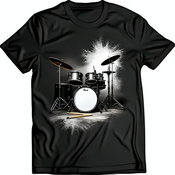 Black T-Shirt with Stylish Drum Set Graphic and Splatter Design