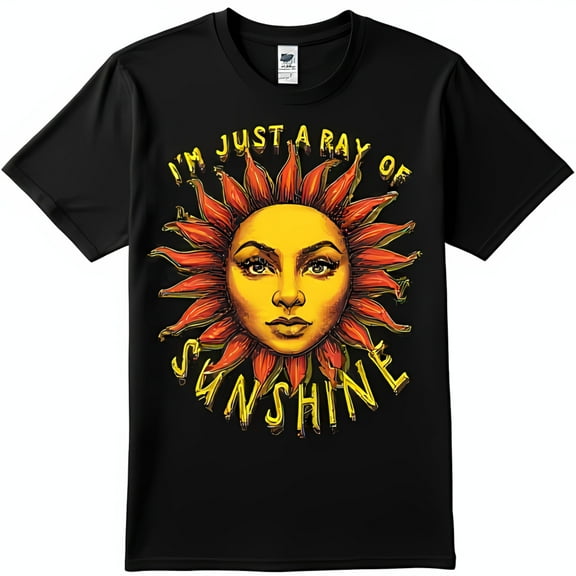 Black T-Shirt with Stylized Sun Graphic and I m Just a Ray of Sunshine Quote