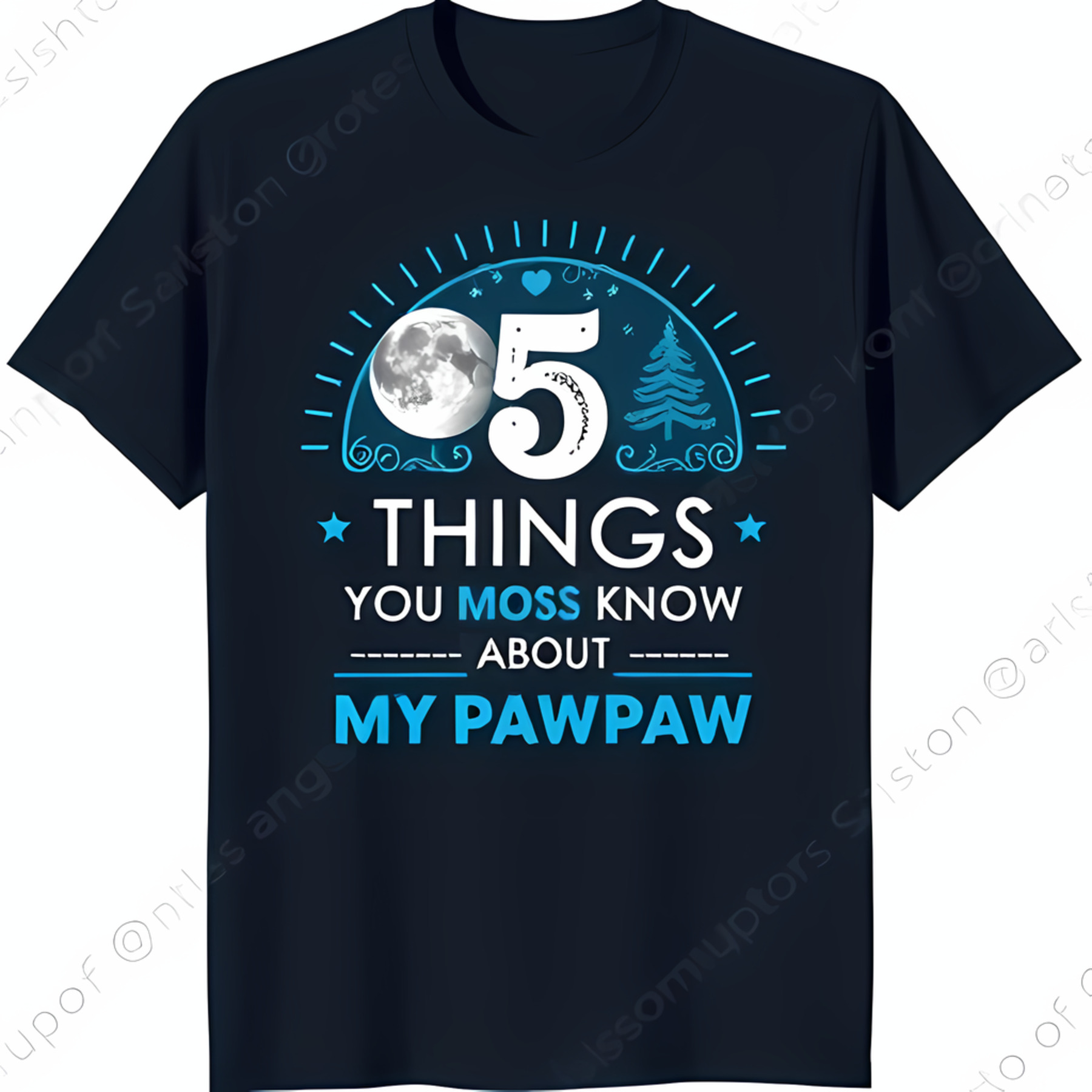 Black TShirt with Sun and Moon Design Stars & Pine Tree '5 THINGS YOU