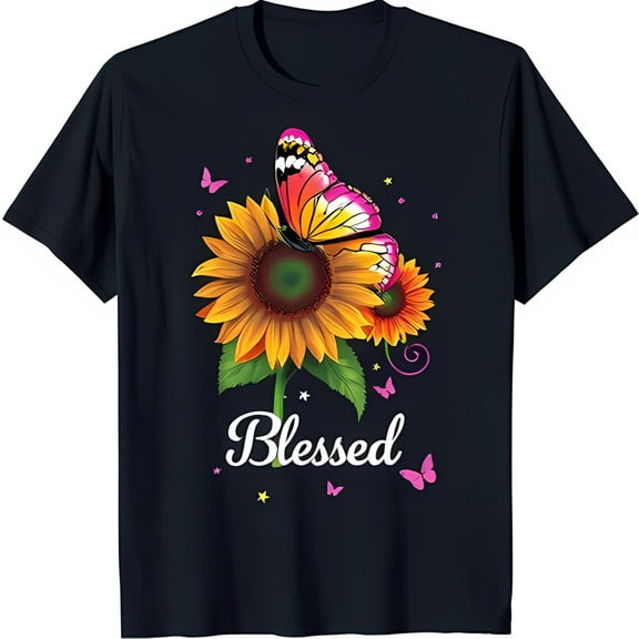 Black T-Shirt with Sunflower & Butterfly Design 'Blessed' Graphic Tee