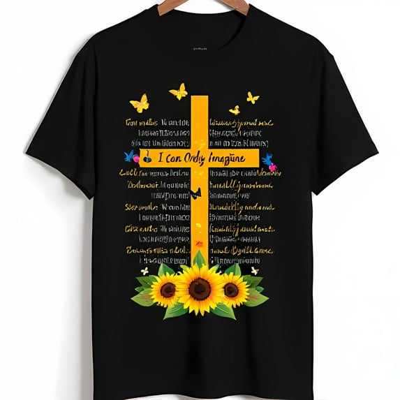 Black T-Shirt with Sunflower & Butterfly Design I Can Only Imagine Lyrics in Gold