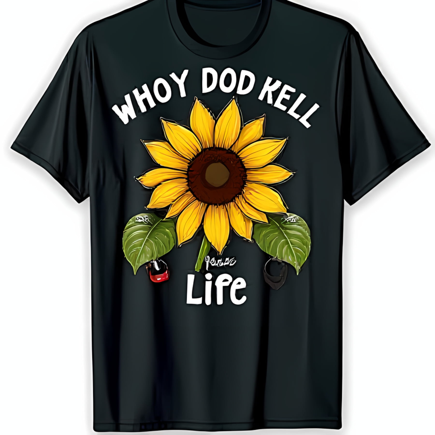 Black TShirt with Sunflower Design and Whoy Dod Kell Pense Life Text
