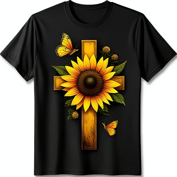 Black T-Shirt with Sunflower Graphic & Golden Design