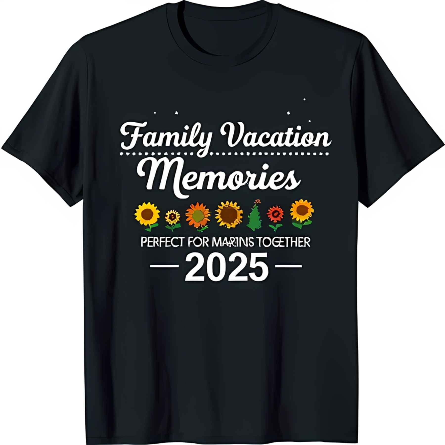 Black TShirt with Sunflower Graphics 'Family Vacation Memories 2025