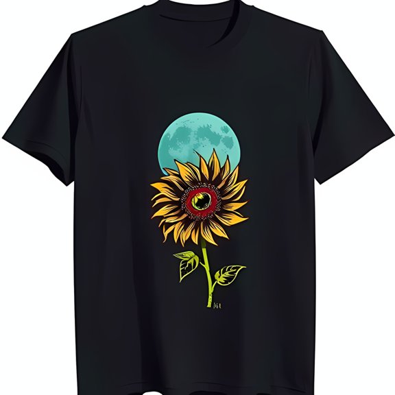 Black T-Shirt with Sunflower and Graphic Unique Floral Design
