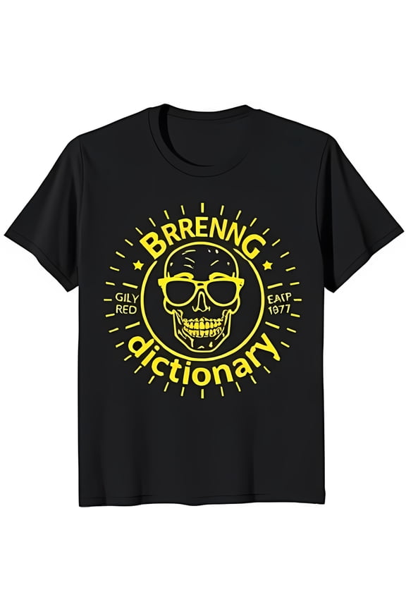 Black T-Shirt with Sunglasses Design & 'BRRENNG DICTIONARY' Print