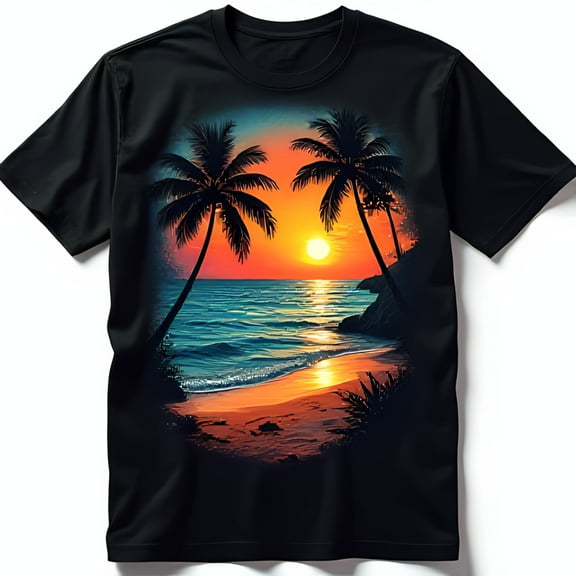 Black T-Shirt with Sunset Beach Graphic & Tree Silhouettes for Summer