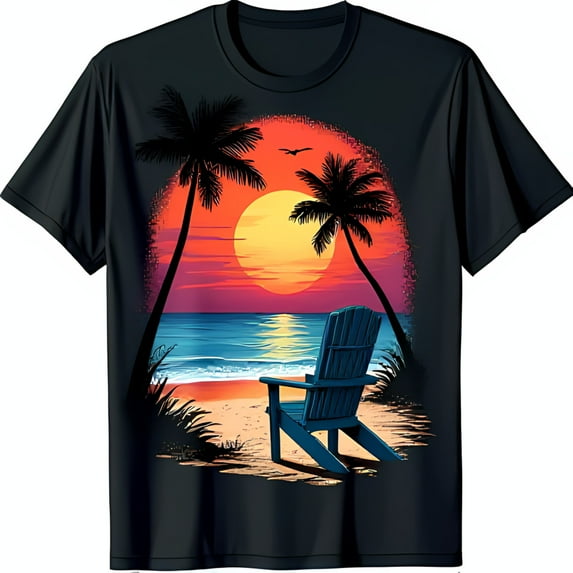 Black T-Shirt with Sunset Beach Scene Silhouetted Trees & Adirondack Chair