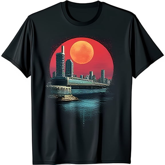 Black T-Shirt with Sunset Cityscape Graphic Tall Building Bridge & Water Design