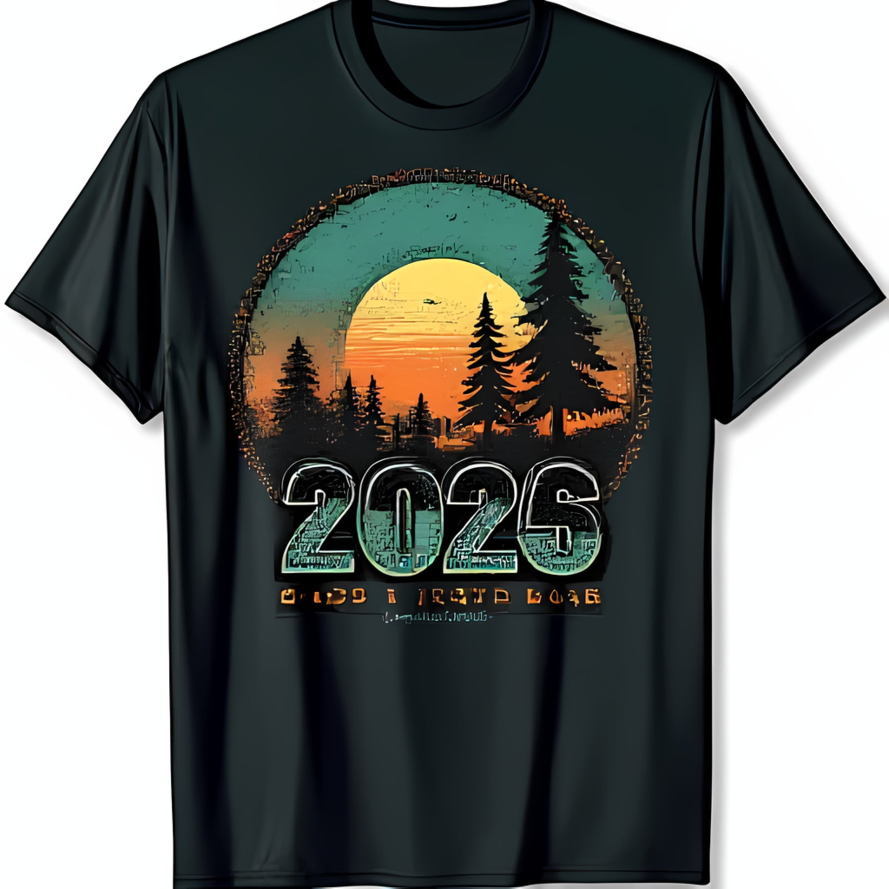 Black TShirt with Sunset Forest Graphic Pine Trees & 'Born in 2026