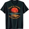 Black TShirt with Sunset Graphic Design Red Sun Over Water & Trees