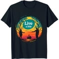 thumbnail image 1 of Black T-Shirt with Sunset Graphic Silhouettes on Beach & Live a Little Text, 1 of 5