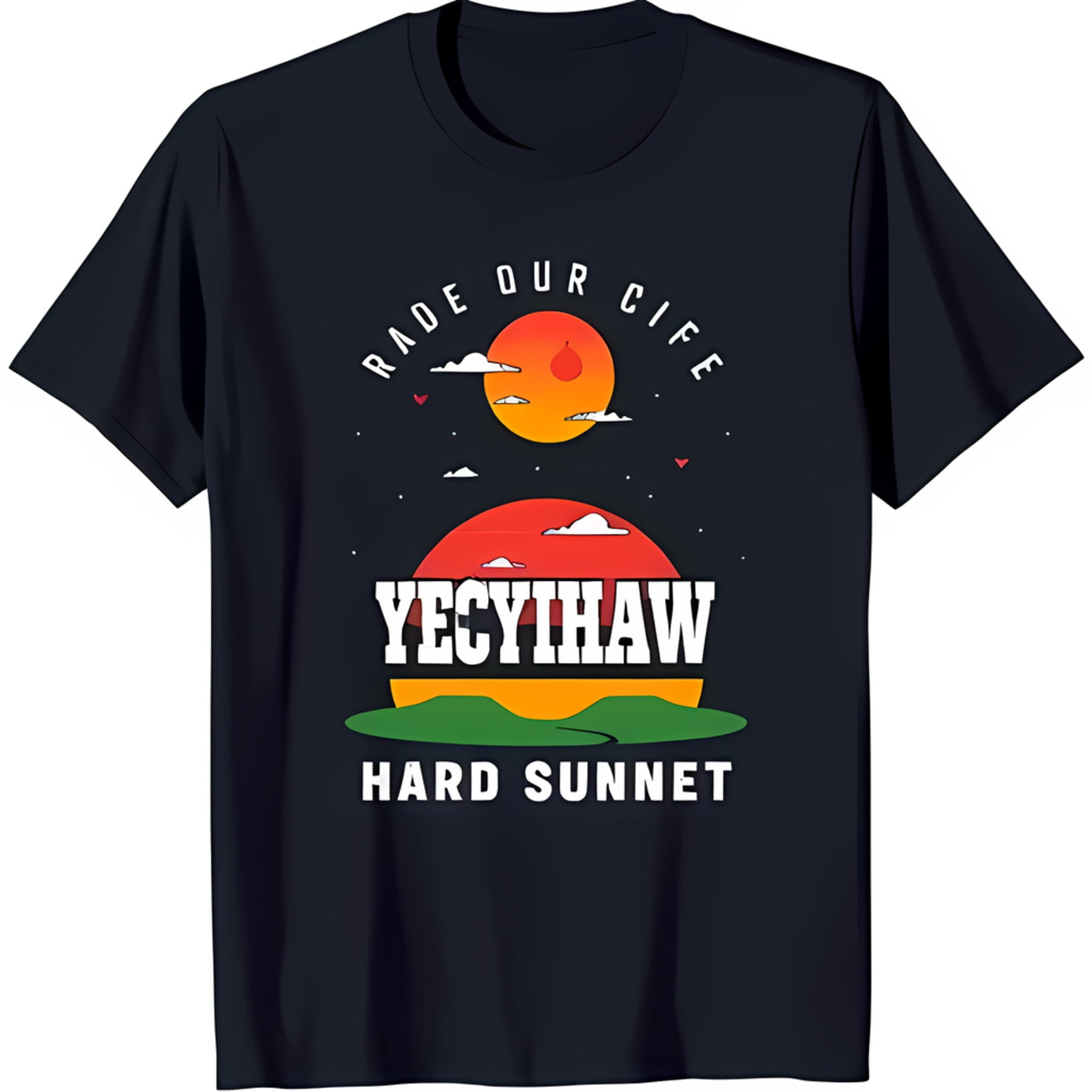 Black TShirt with Sunset Graphic 'Yecyihaw' Text Green Hills & Design