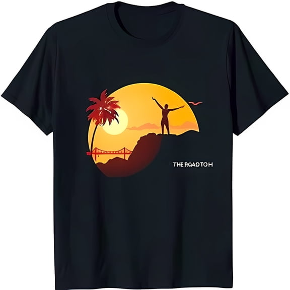 Black T-Shirt with Sunset Graphic of Adventurer on Hill