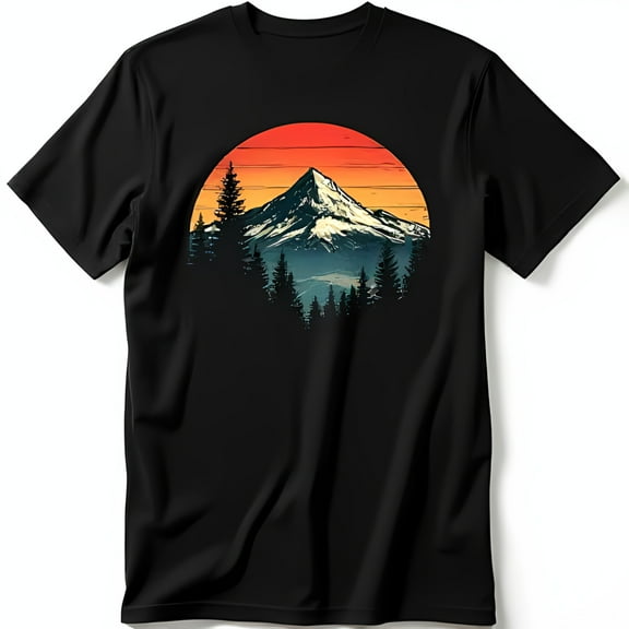 Black T-Shirt with Sunset Mountain Design Vibrant Circle Graphic Tee