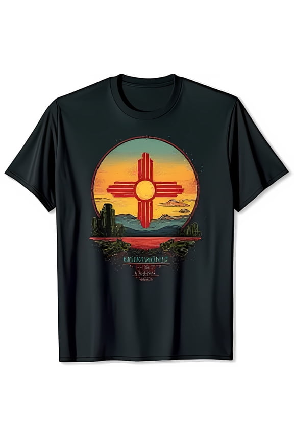 Black T-Shirt with Sunset Zia Symbol Graphic Northern New Mexico Design