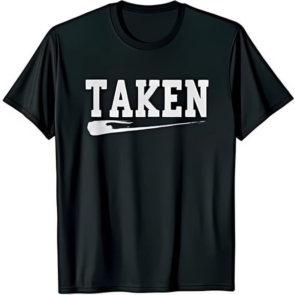 Black T-Shirt with TAKEN in Bold White Block Letters and Curved Design