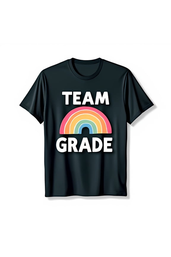 Black T-Shirt with TEAM GRADE Graphic and Pastel Rainbow Design