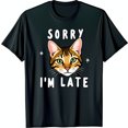 Black TShirt with Tabby Cat Face Graphic & 'Sorry I'm Late' Text
