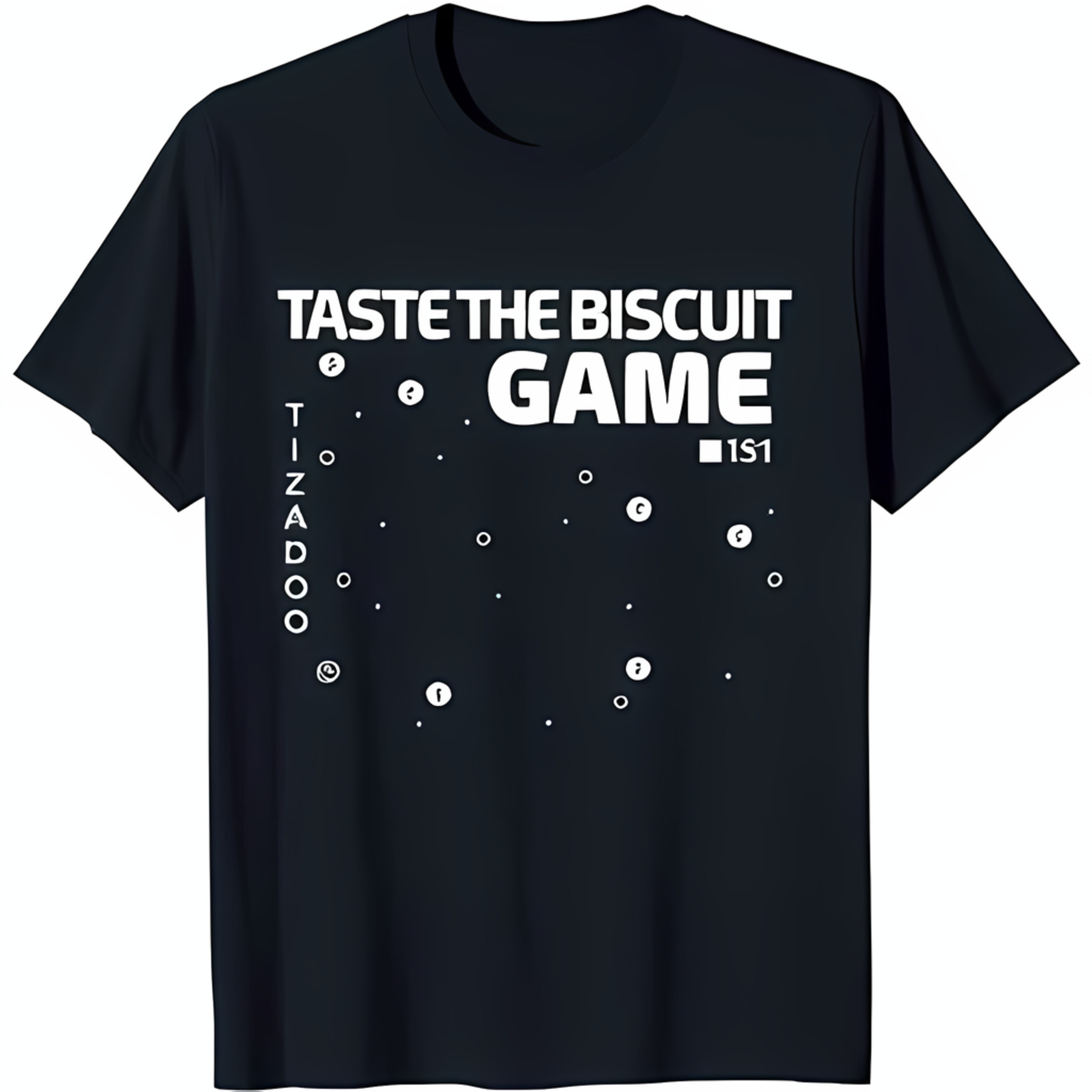 Black TShirt with 'Taste the Biscuit Game' Graphic & '1S1' Box Design