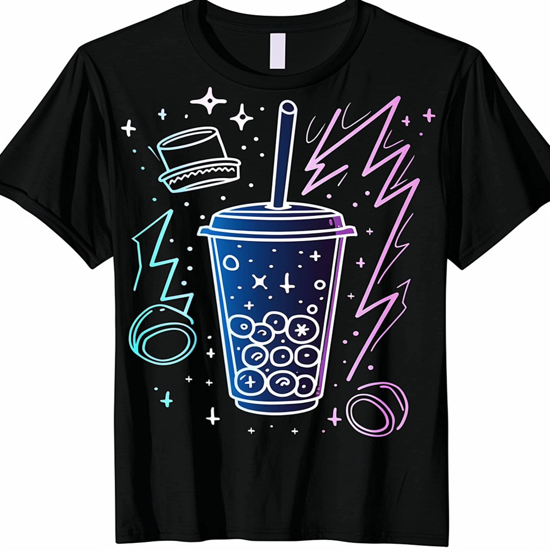 Black T Shirt with Tea and Lightning Bolts Vector Design Flat Colors ...