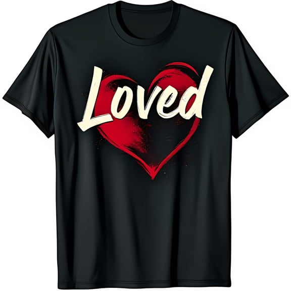 Black T-Shirt with Textured Red Heart Motif and Loved Graphic Design