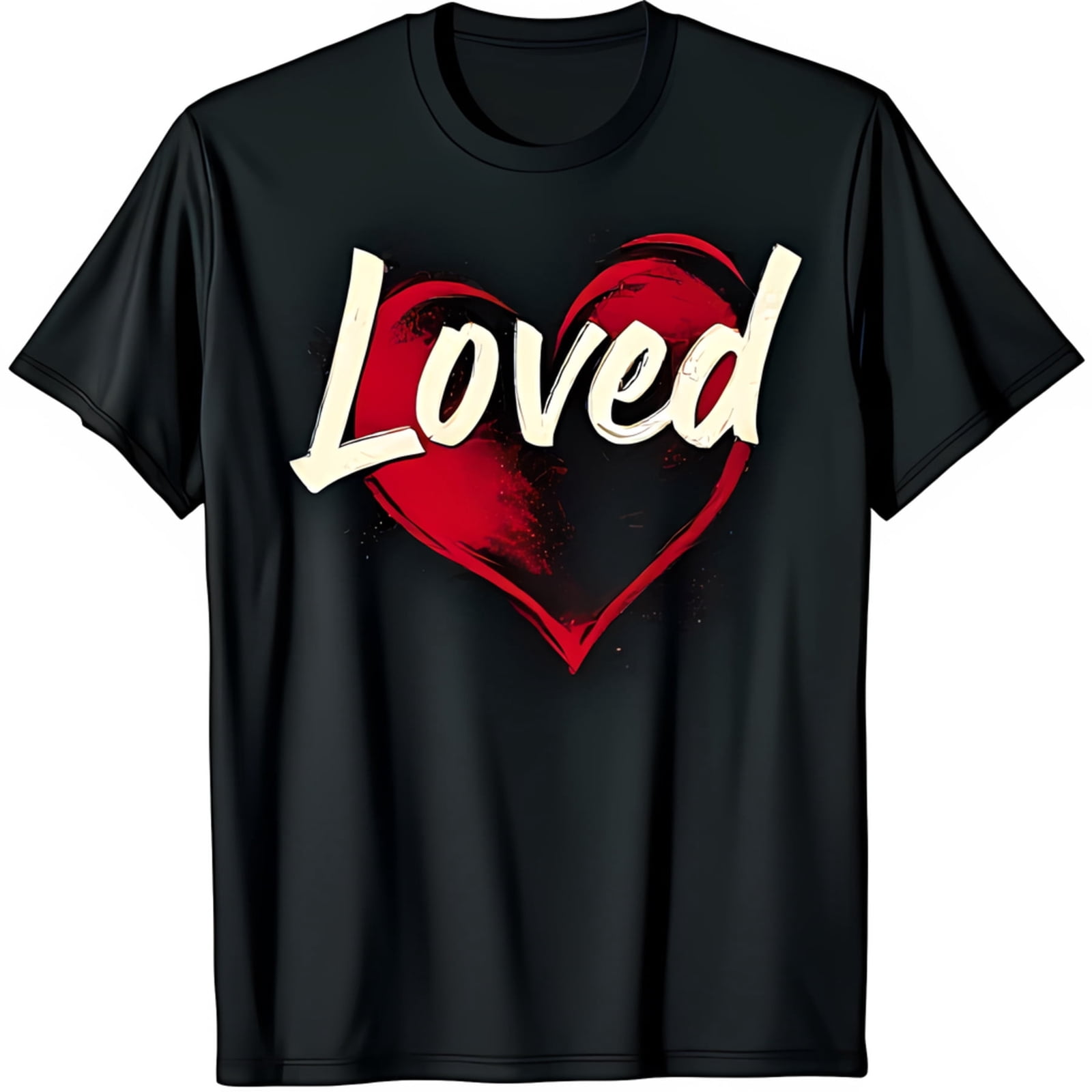 Black T-Shirt with Textured Red Heart Motif and Loved Graphic Design ...