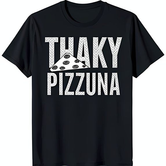 Black T-Shirt with 'Thaky Pizzuna' Graphic & Pizza Design Fun Casual Wear