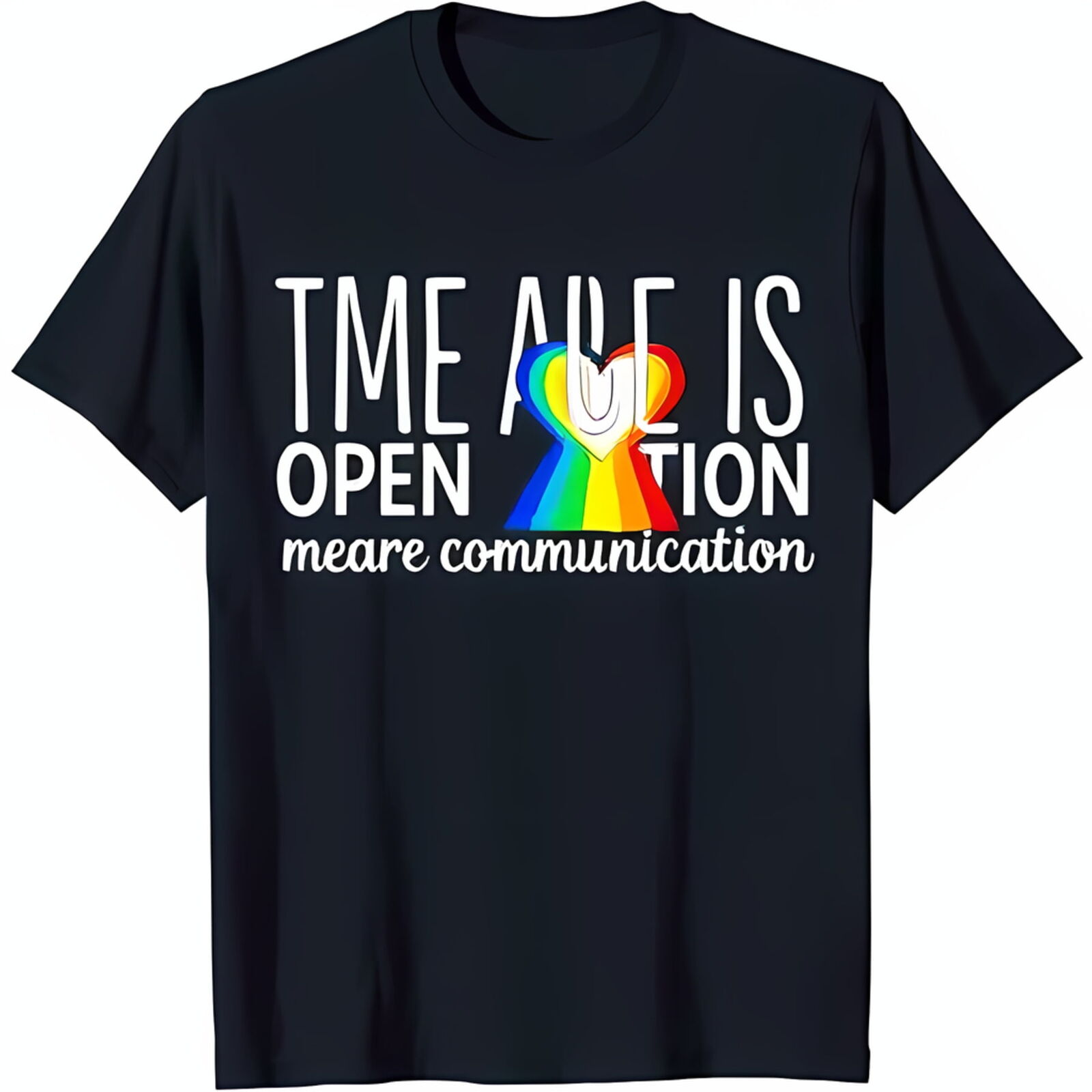 Black TShirt with 'The Age Is Open Communication' & Rainbow Heart