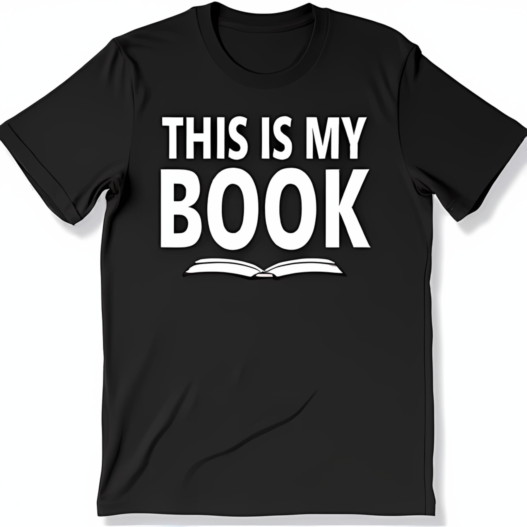 Black TShirt with 'This is my book' Text and Open Book Graphic Design
