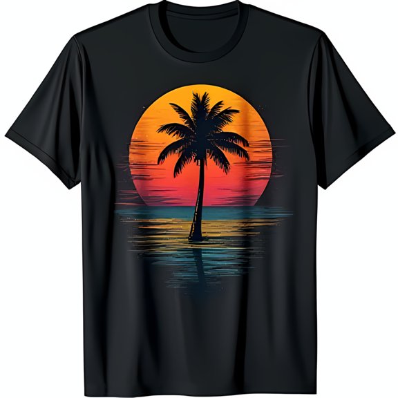 Black T-Shirt with Tree and Sunset Design Tropical Vibes