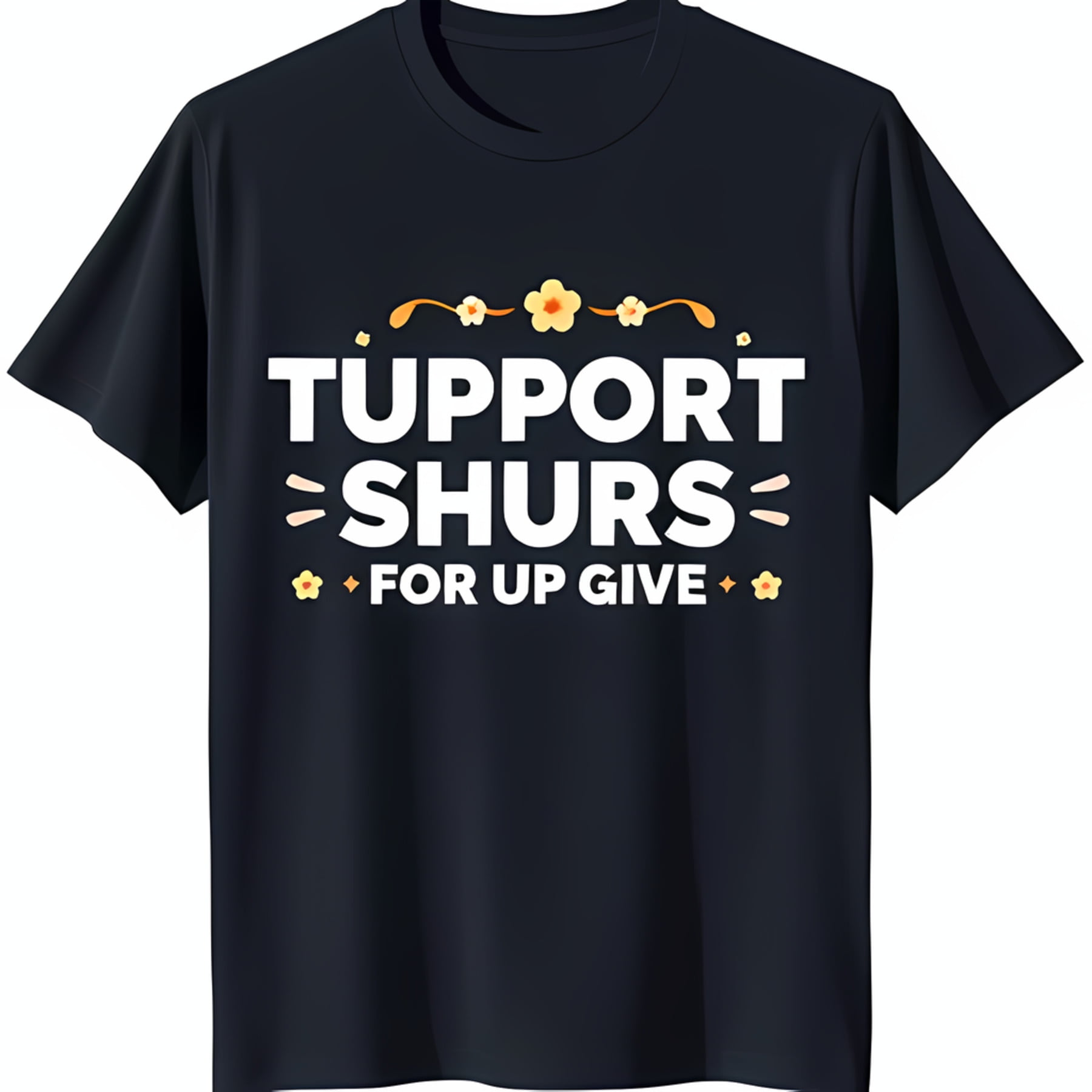 Black TShirt with 'Tupport Shurs for Up Give' Design & Yellow Floral
