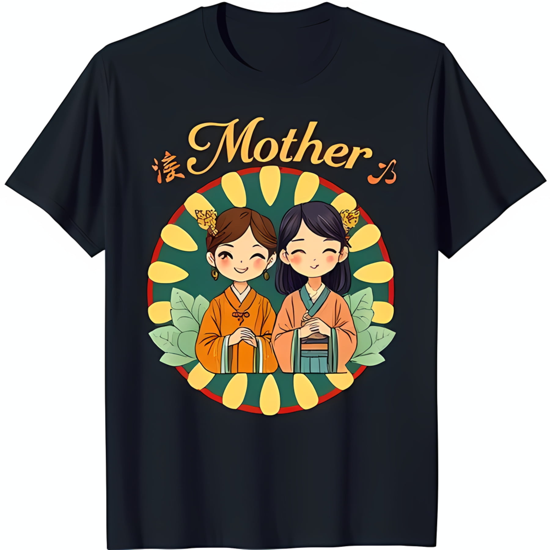 Black TShirt with Unique Anime in Traditional Chinese Attire & '爱