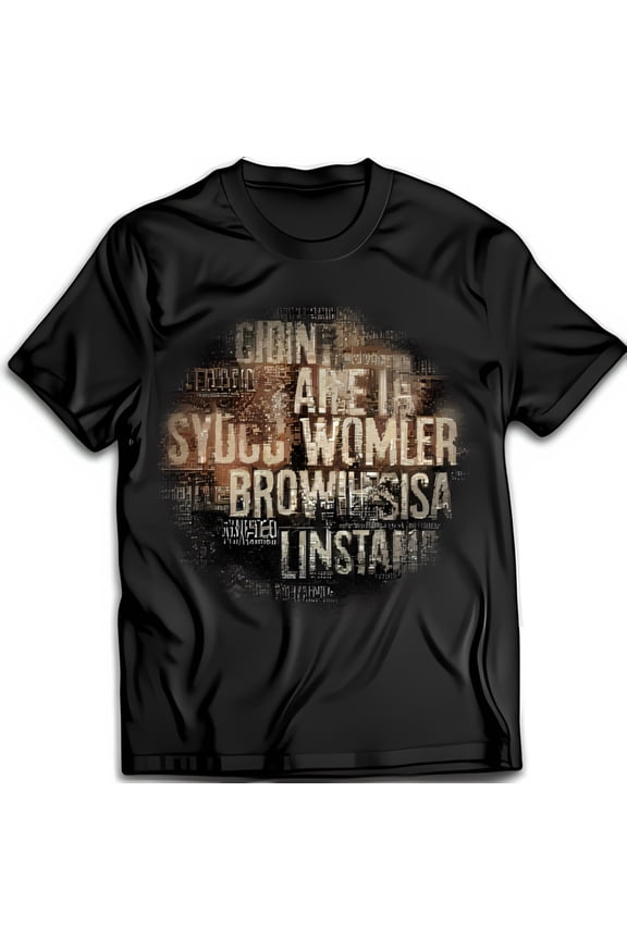 Black T-Shirt with Unique Blurred Word Design Weathered Brick Wall Pattern