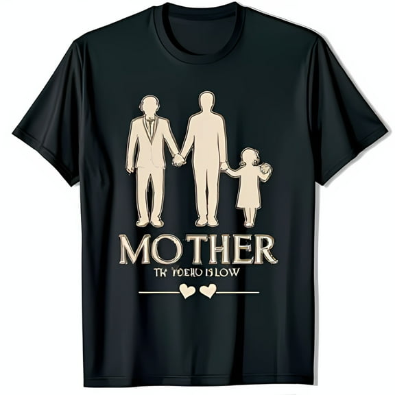 Black T-Shirt with Unique Design of Two Men and Girl Holding Hands 'MOTHER' Graphic Tee